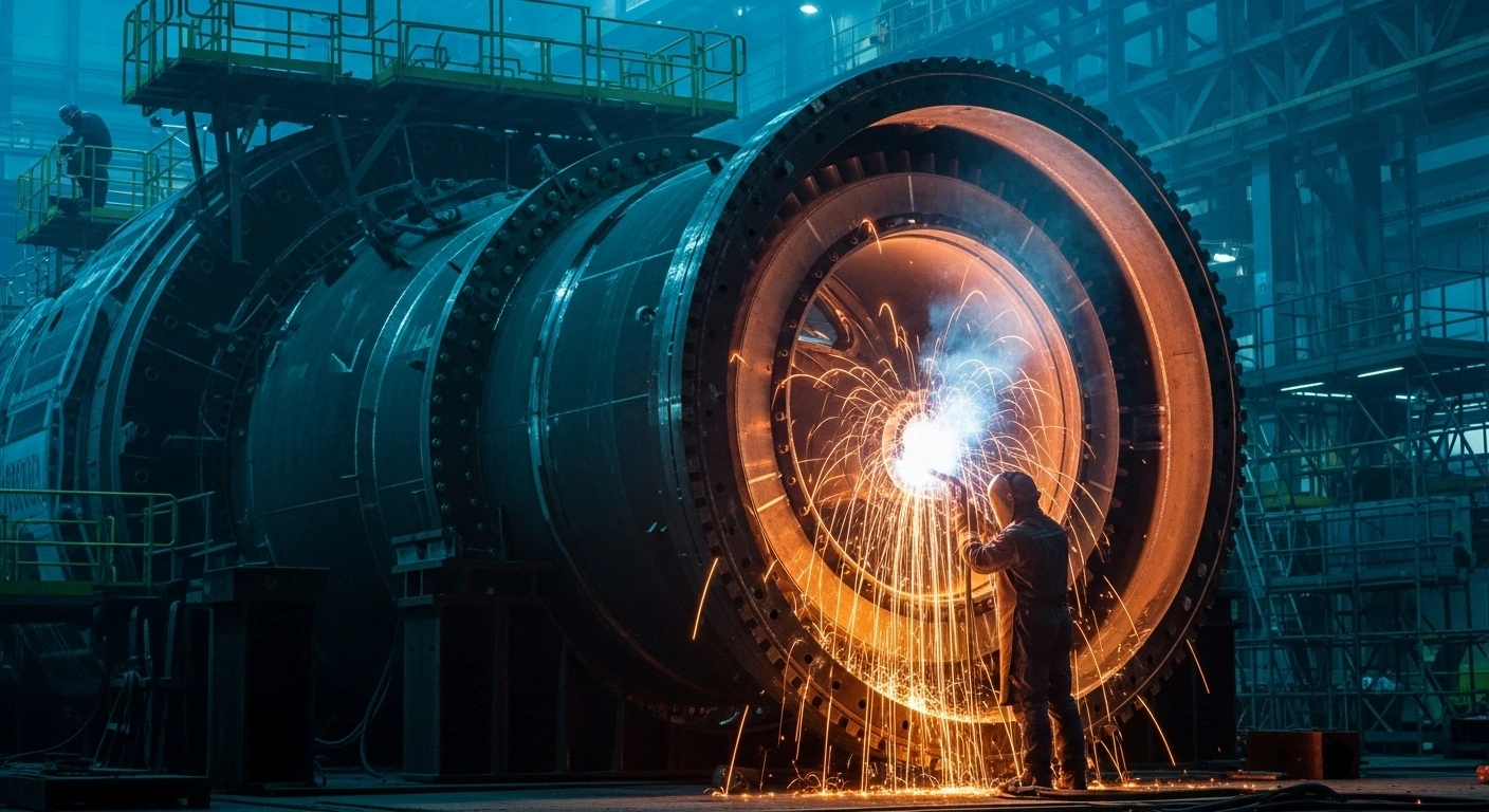 A welder works on a colossal K22 nuclear reactor component for France's future PA-NG aircraft carrier at Naval Group's Cherbourg plant, with sparks flying dramatically in the industrial setting.