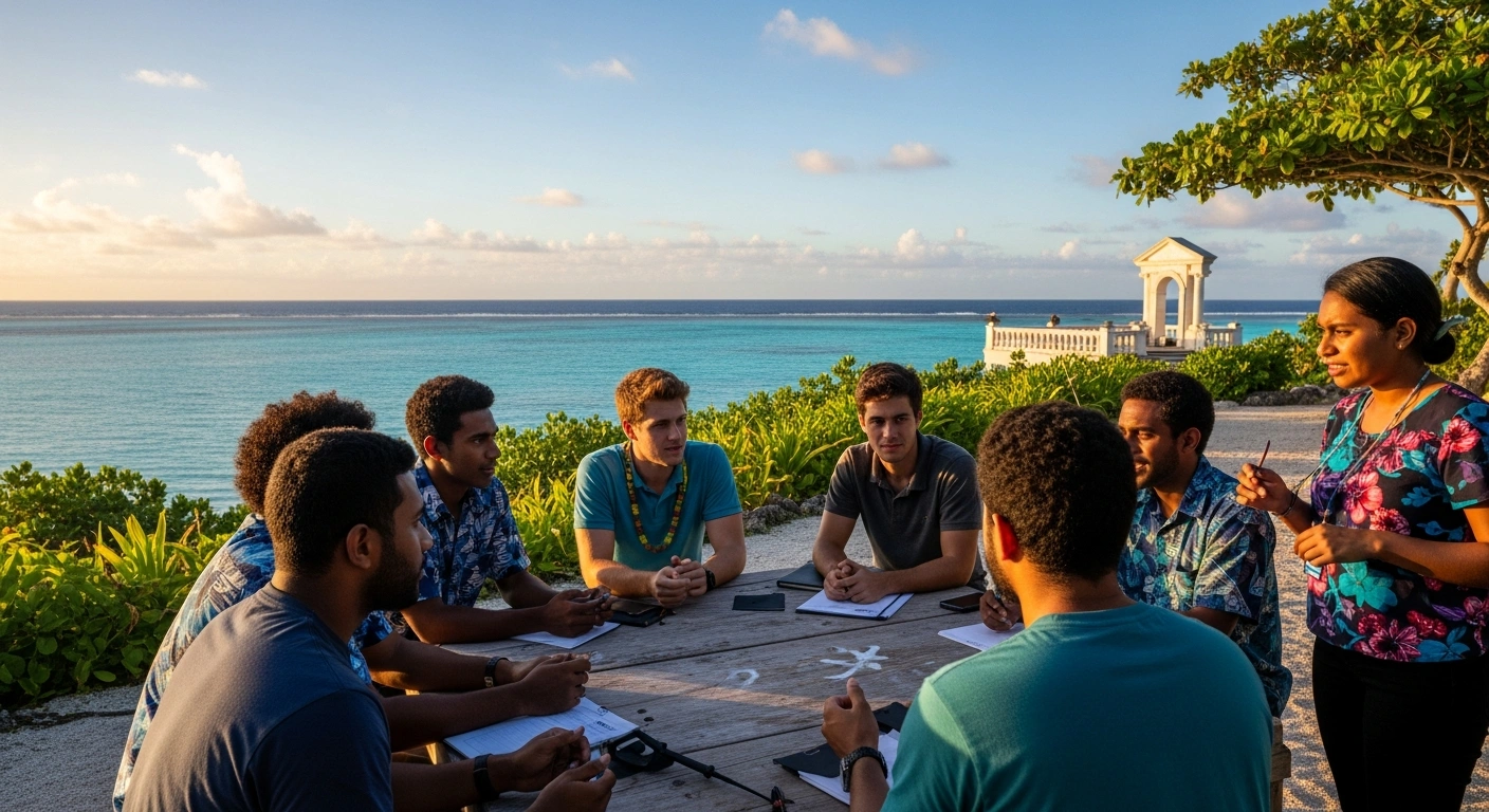A diverse group of students and researchers from Pacific Island states collaborate on an outdoor workstation on a sun-drenched tropical island, symbolizing France's Campus Mobile Pacifique program strengthening academic ties in the region.