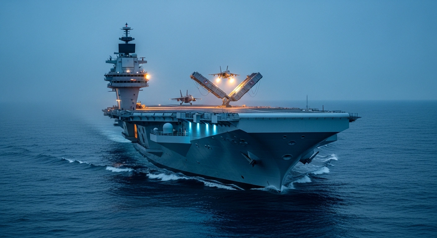 A digital rendering of the future French PANG aircraft carrier featuring electromagnetic catapults sailing on the ocean.