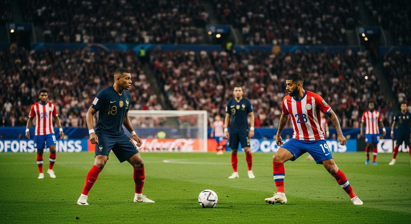 A French national football team player faces a Paraguayan opponent during a high-stakes FIFA World Cup Round of 16 match in a crowded Philadelphia stadium.