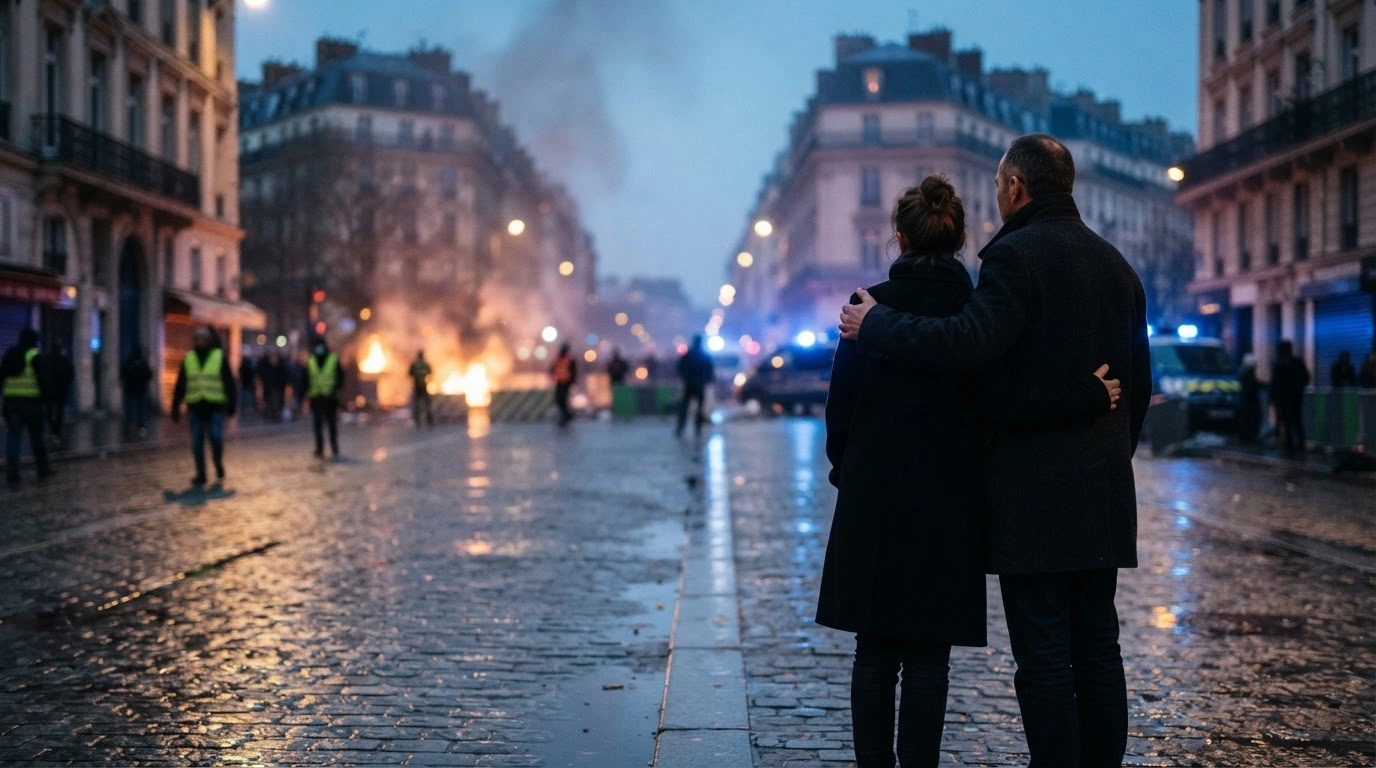 A somber couple stands on a dark Parisian street as French officials implement new policies holding parents financially liable for damages caused by minors during civil unrest.