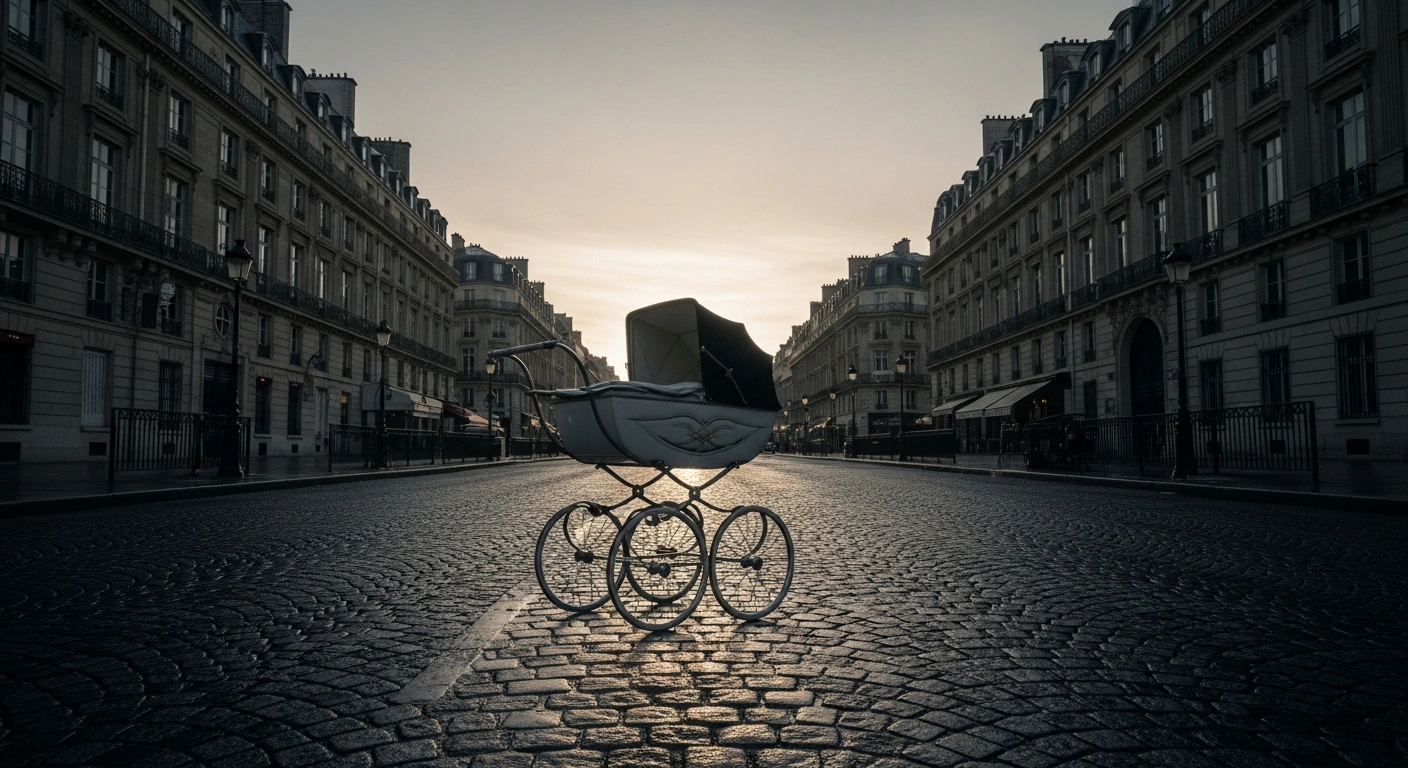 A somber, deserted Parisian street at dawn, featuring an empty antique baby carriage in the foreground, symbolizing France's negative natural population balance in 2025 where deaths outnumbered births for the first time since World War II.