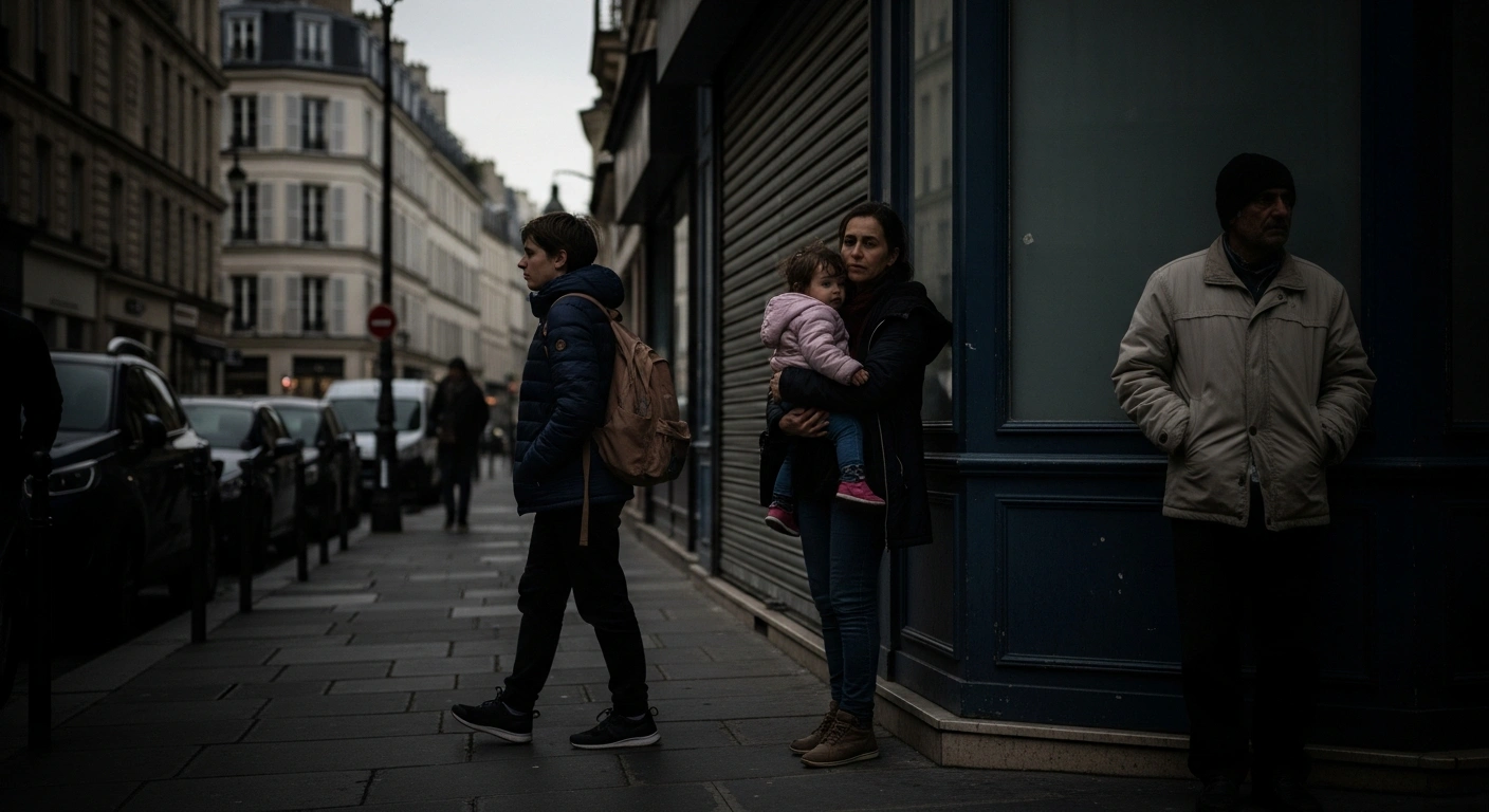 A somber scene on a dimly lit Parisian street at dawn shows a young person, a single mother with a child, and an immigrant man, visually representing the disproportionate impact of France's increased poverty rate in 2023 on these demographic groups.