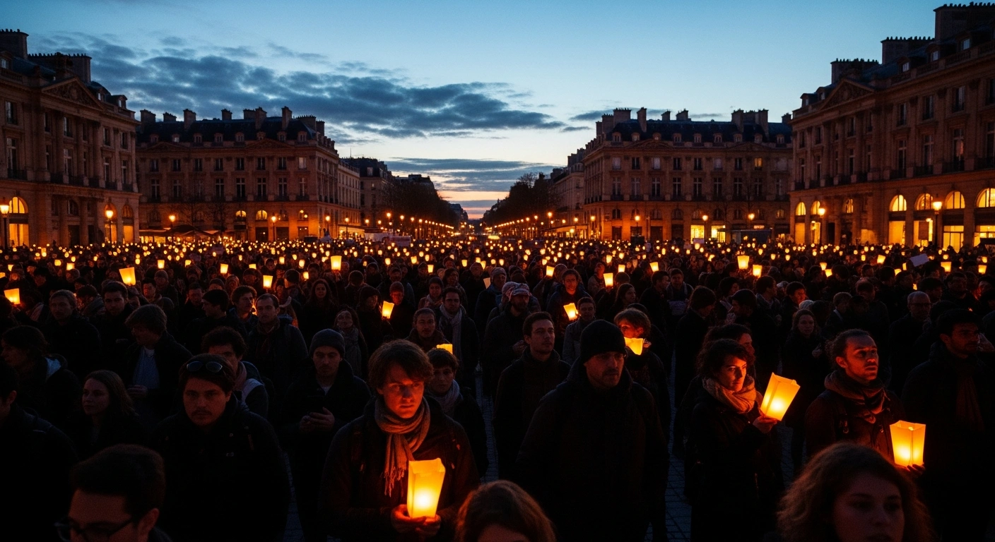 A large crowd of protesters gathers in a square in France to demonstrate against the proposed Yadan law and advocate for digital privacy.