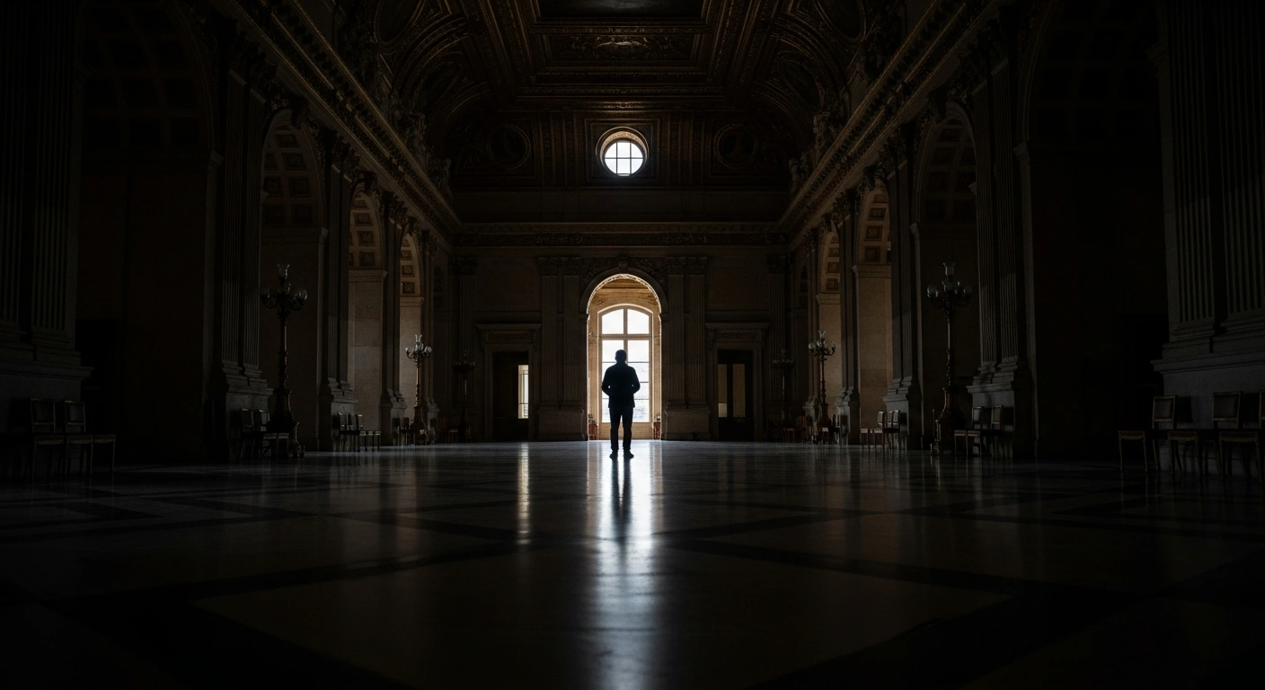 A wide, low-angle shot depicts a lone, silhouetted figure of a man standing in the dimly lit, ornate hall of a French government building, symbolizing the significant decline in public trust and leadership approval in France amidst a political crisis in 2025.