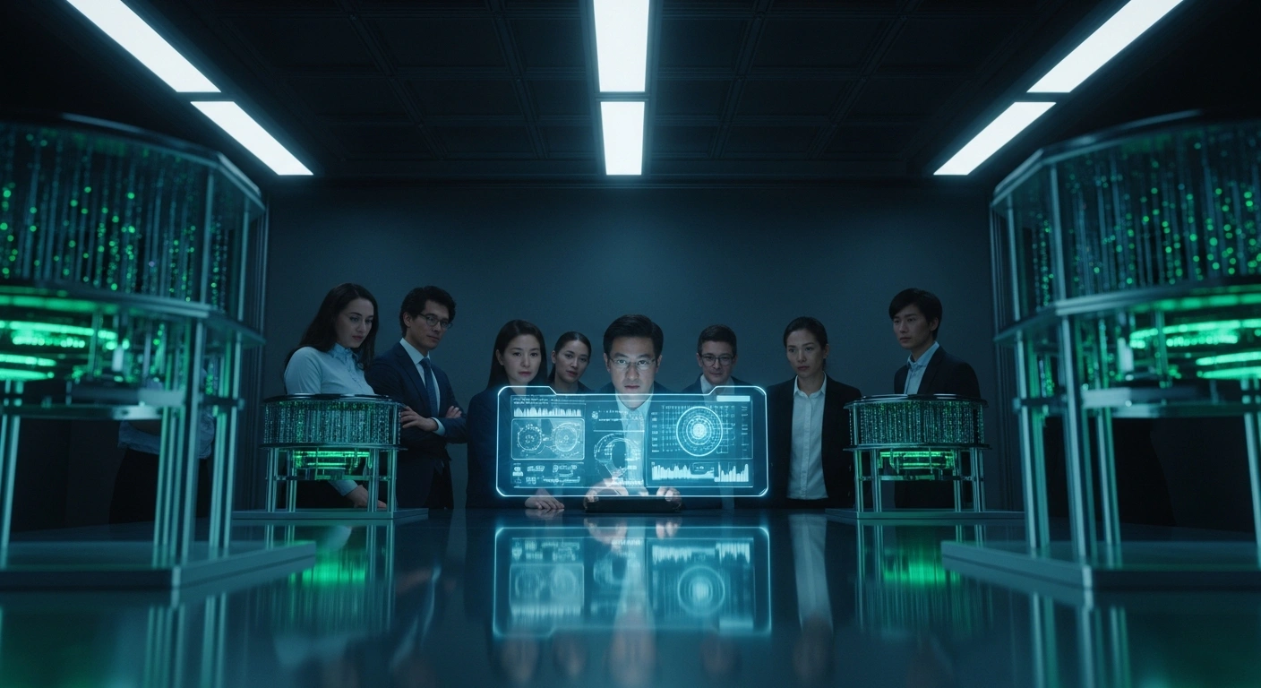 In a futuristic quantum computing lab, a diverse group of scientists, representing international collaboration, are gathered around glowing quantum processors and holographic displays, reflecting the robust progress of France's quantum sector, including the Franco-German forum, Pasqal's global expansions, and Quandela's advancements with NVIDIA.