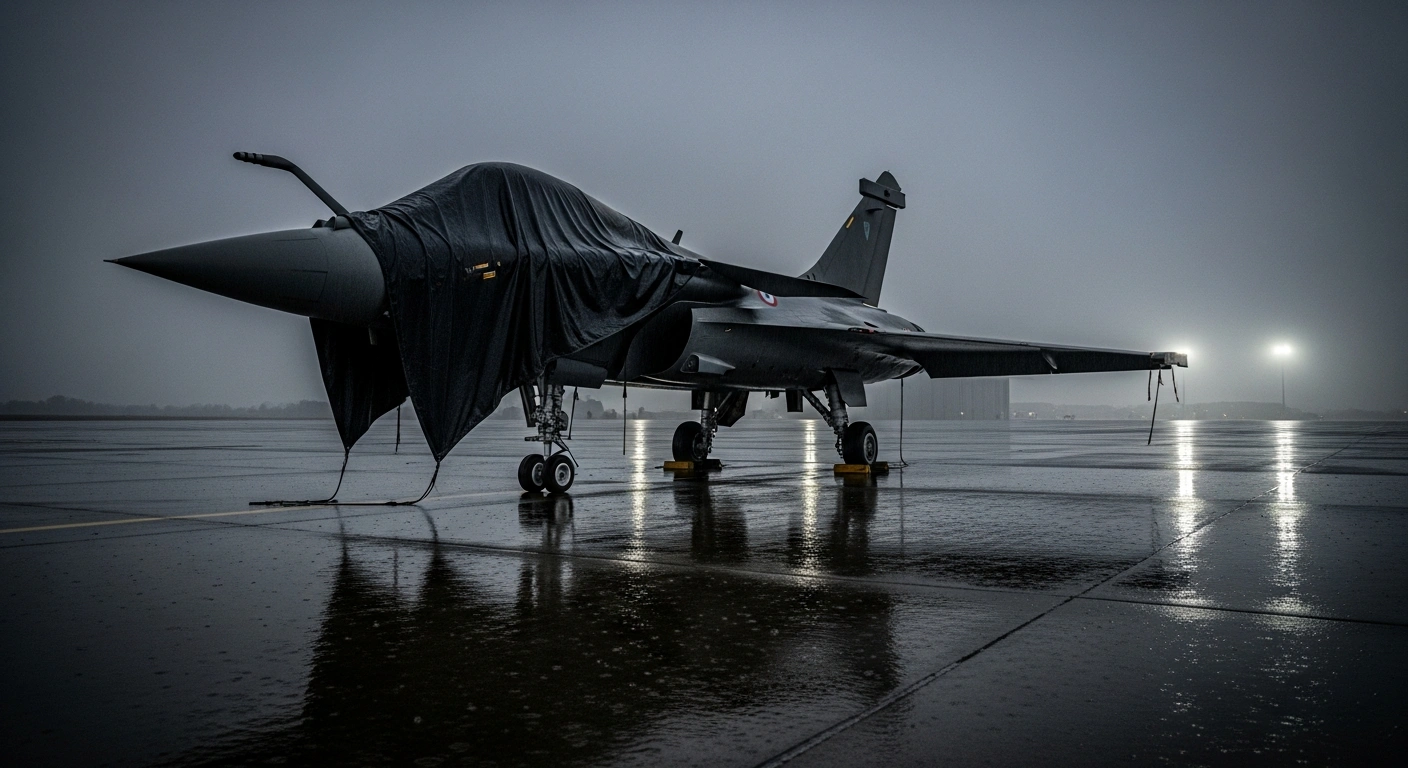 A Dassault Rafale fighter jet, partially covered by a dark tarp on a rainy tarmac, symbolizes the collapse of a significant €3.2 billion contract for France's defense industry.