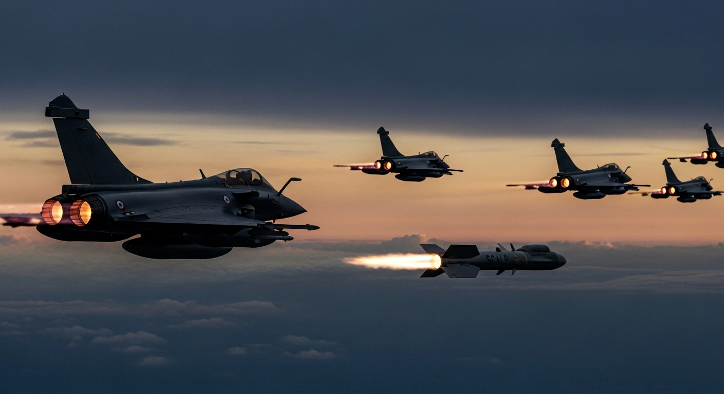 A French Rafale fighter jet launches a SCALP cruise missile during the 'Topaze' training exercises, simulating a high-intensity retaliatory strike.
