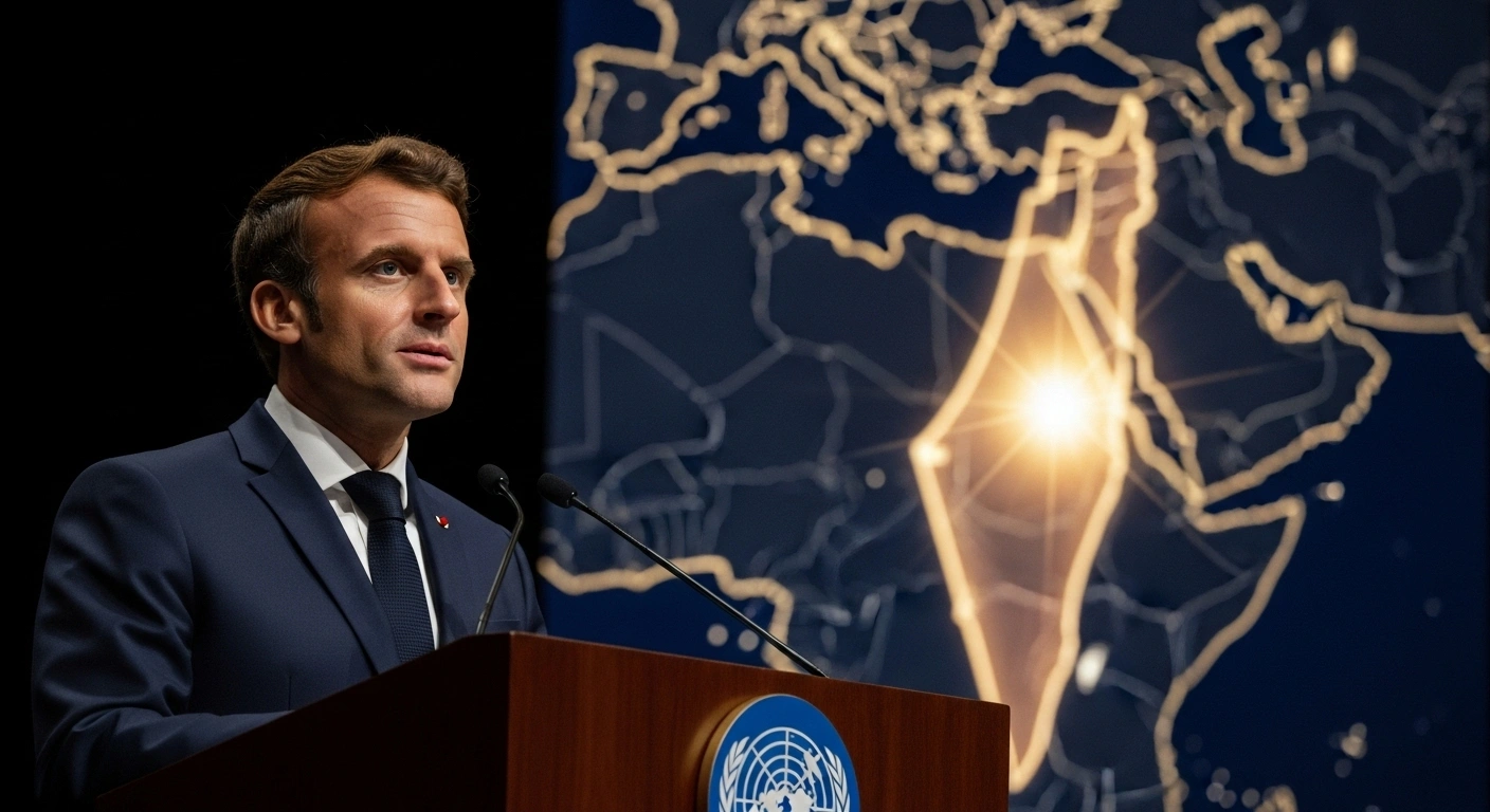 A photorealistic image depicts French President Emmanuel Macron at a grand podium, illuminated by a golden spotlight, as he declares France's recognition of a Palestinian state, with a subtly glowing, stylized map of the Middle East visible in the soft-focus background.