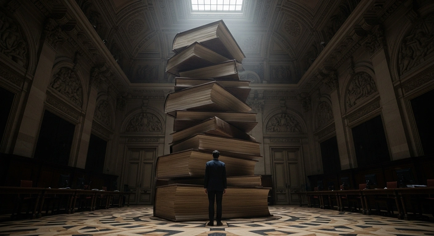 A lone figure, representing the French Prime Minister, stands in a dimly lit, grand Parisian government office, facing a massive, precarious stack of oversized ledger books, symbolizing France's unprecedented €3.4 trillion national debt and the immense fiscal challenges for the new government.