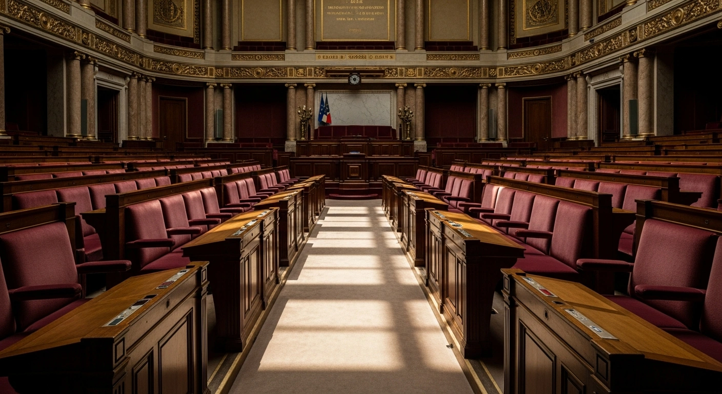 The interior of the French National Assembly chamber is illuminated by soft sunlight, representing the legislative repeal of the historical Code Noir.