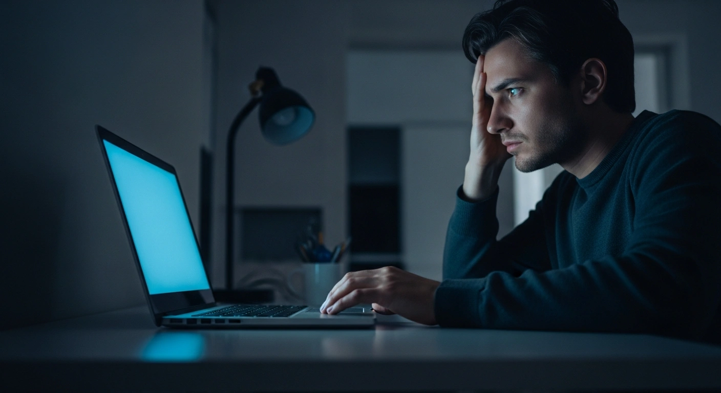 A person sits at a desk in a dimly lit room, struggling with a computer screen while attempting to navigate a French residence permit portal.