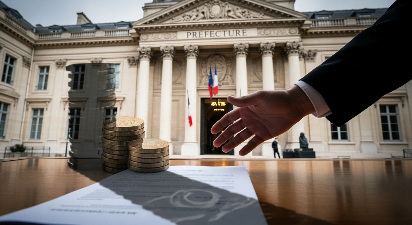 A dramatic, low-angle image depicts the classical facade of a French prefecture building, with a symbolic shadow of stacked euro coins falling across an official document and an outstretched hand, illustrating France's substantial fee increases for residency permits and citizenship applications, effective May 1, 2026, to fund prefecture modernization.