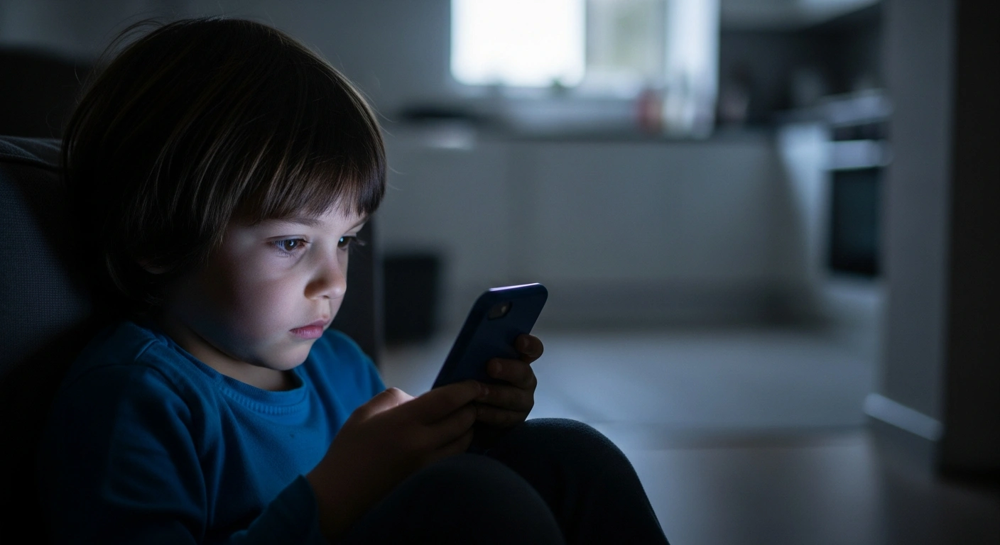 A young child looks at a glowing smartphone screen in a dimly lit room, representing new French legislation to restrict social media access for minors.
