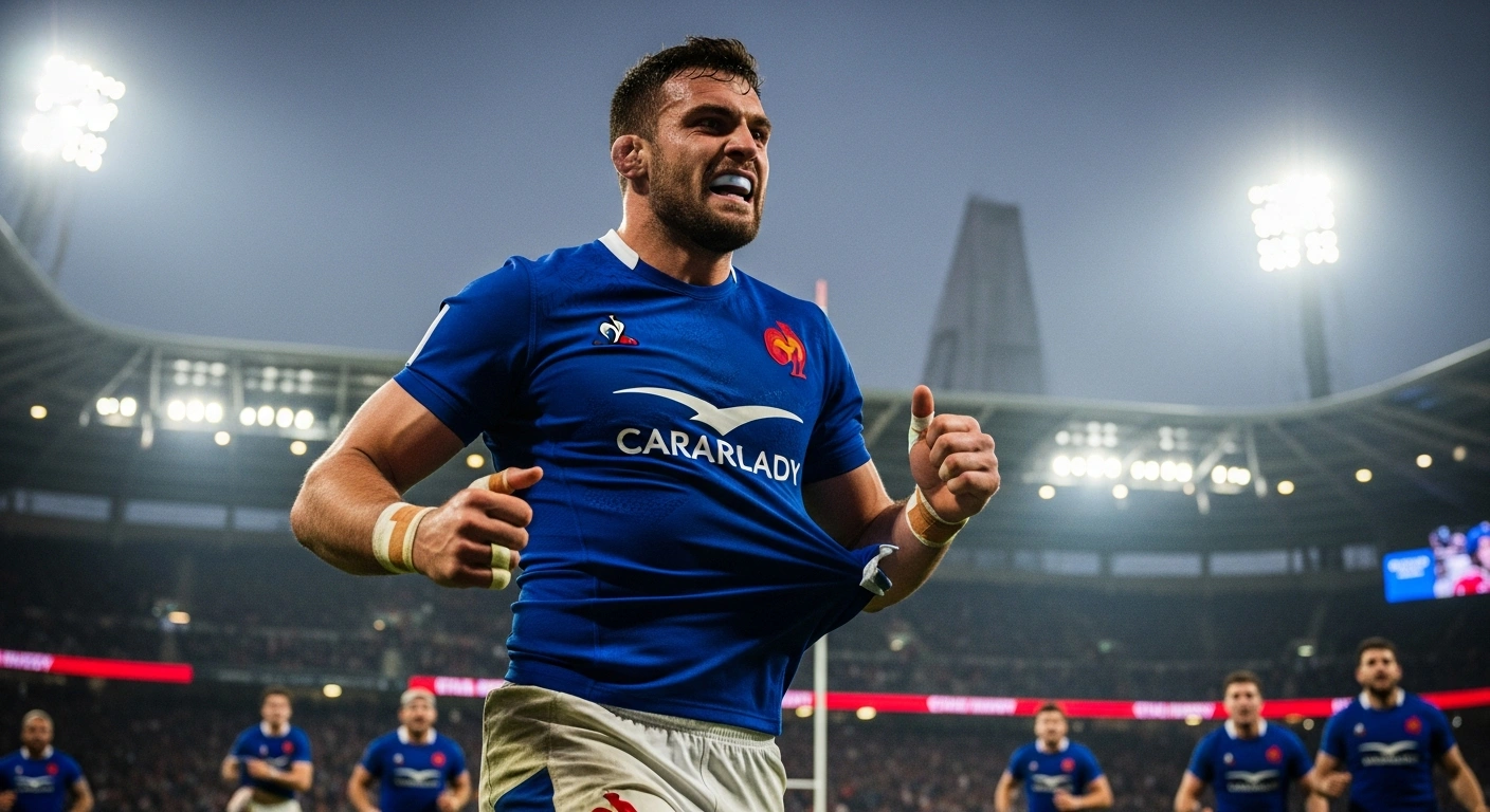 A triumphant French rugby player, seen from a low angle under dramatic stadium lights, celebrates a commanding bonus-point victory over Italy in the Six Nations tournament at Stade Pierre-Mauroy, reflecting their perfect record and Grand Slam aspirations.