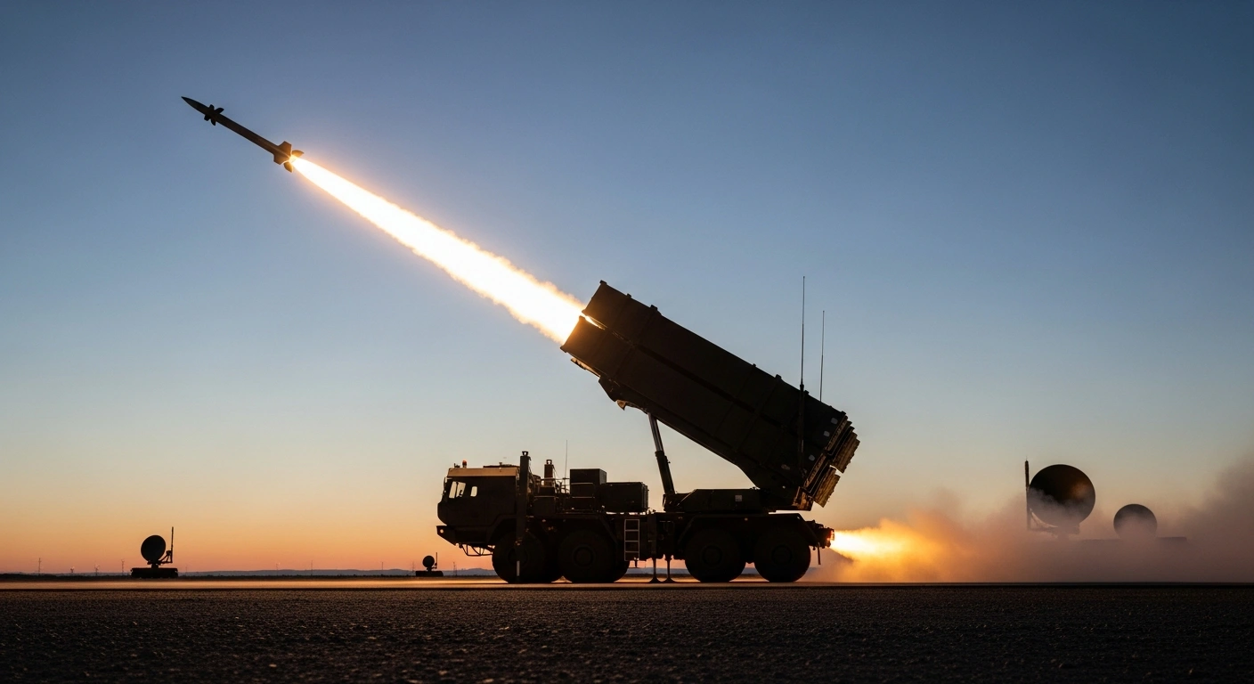 France's next-generation SAMP/T NG air defense system is captured in a dramatic low-angle shot at dusk, launching a missile during a live-fire test, with a fiery contrail ascending into the twilight sky, symbolizing its capability against aerial threats.