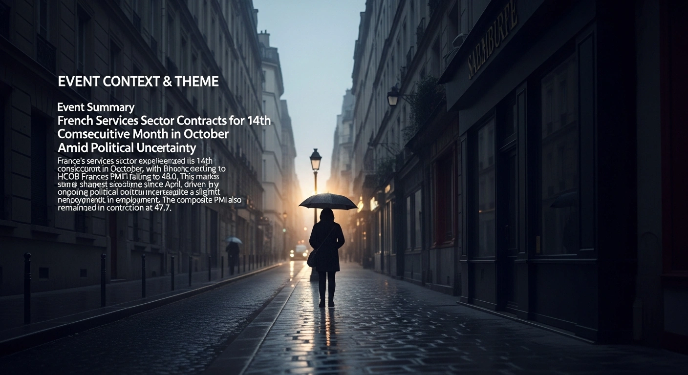 A lone figure stands on a dimly lit, rain-slicked Parisian street at dusk, symbolizing the contraction of France's services sector due to weak demand and political uncertainty.