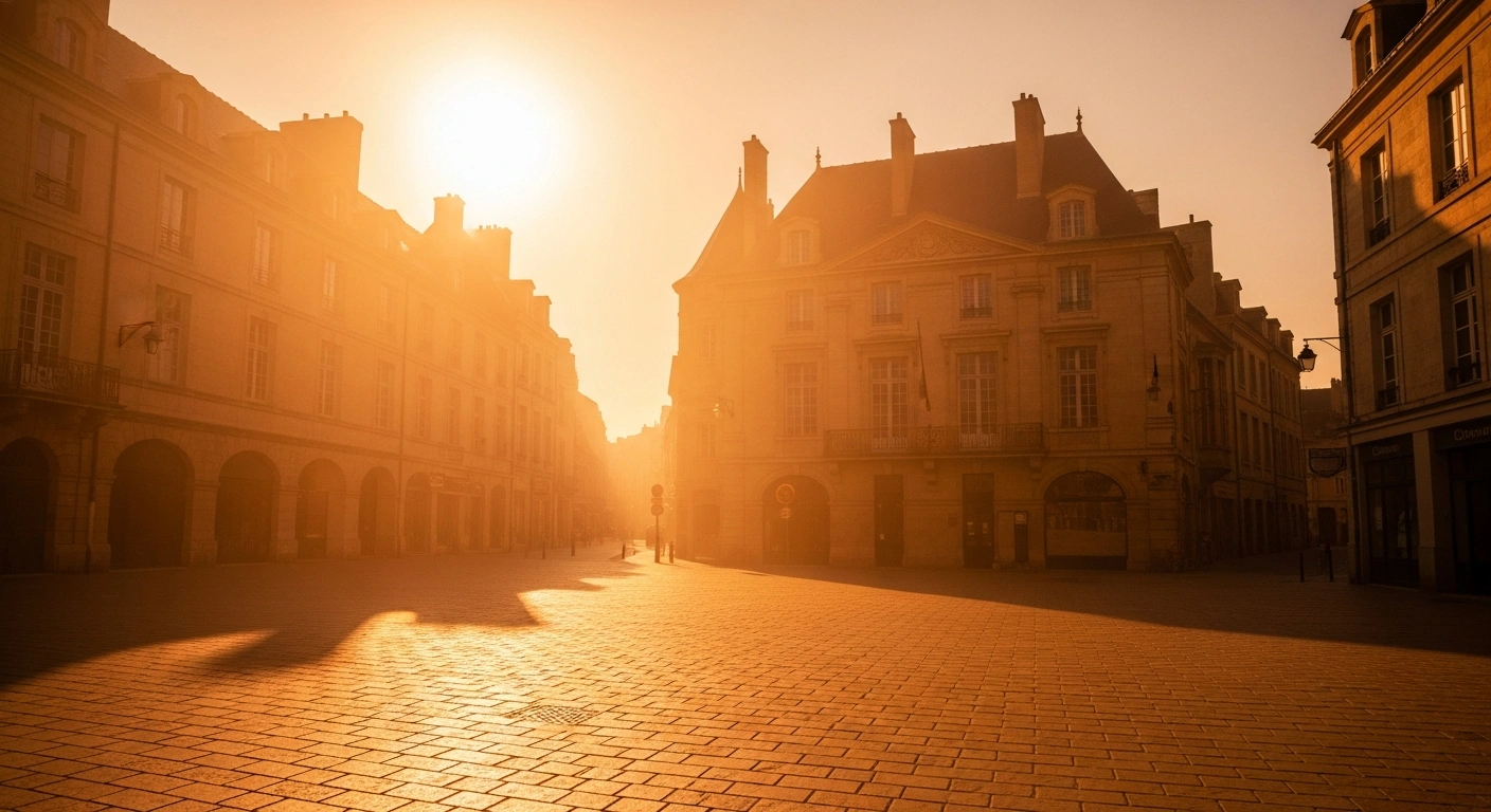 A shimmering heat haze rises from a deserted French city street during a severe orange-alert heatwave.