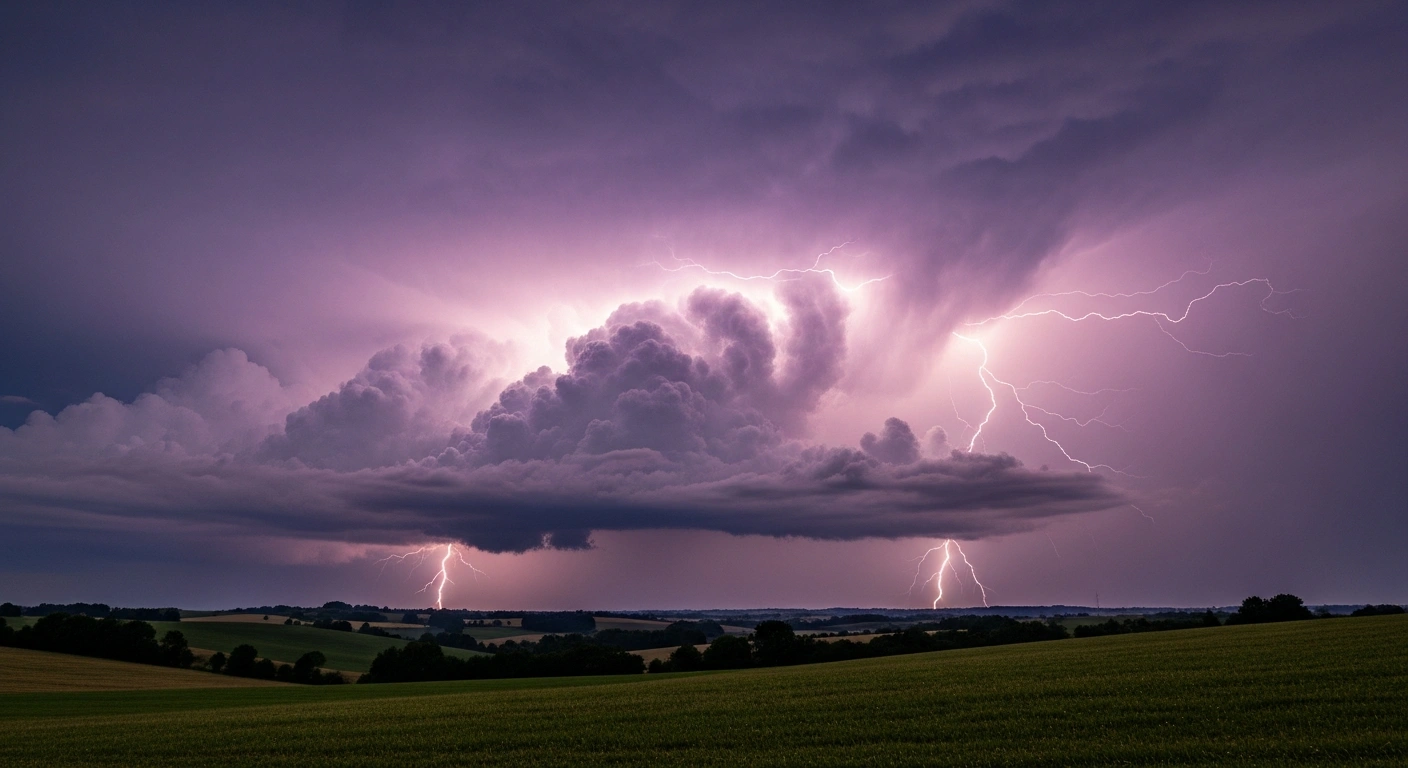 A severe thunderstorm with lightning and hail strikes the landscape in northern France as meteorological authorities issue high-level weather alerts.