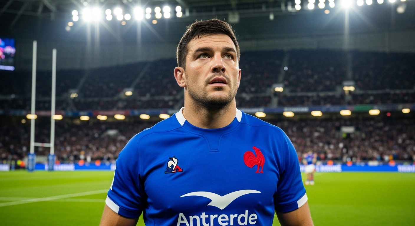 A French rugby captain, Antoine Dupont, stands on the hallowed turf of Stade de France under dramatic stadium lights, displaying intense focus before France's Six Nations 2026 opener against Ireland.