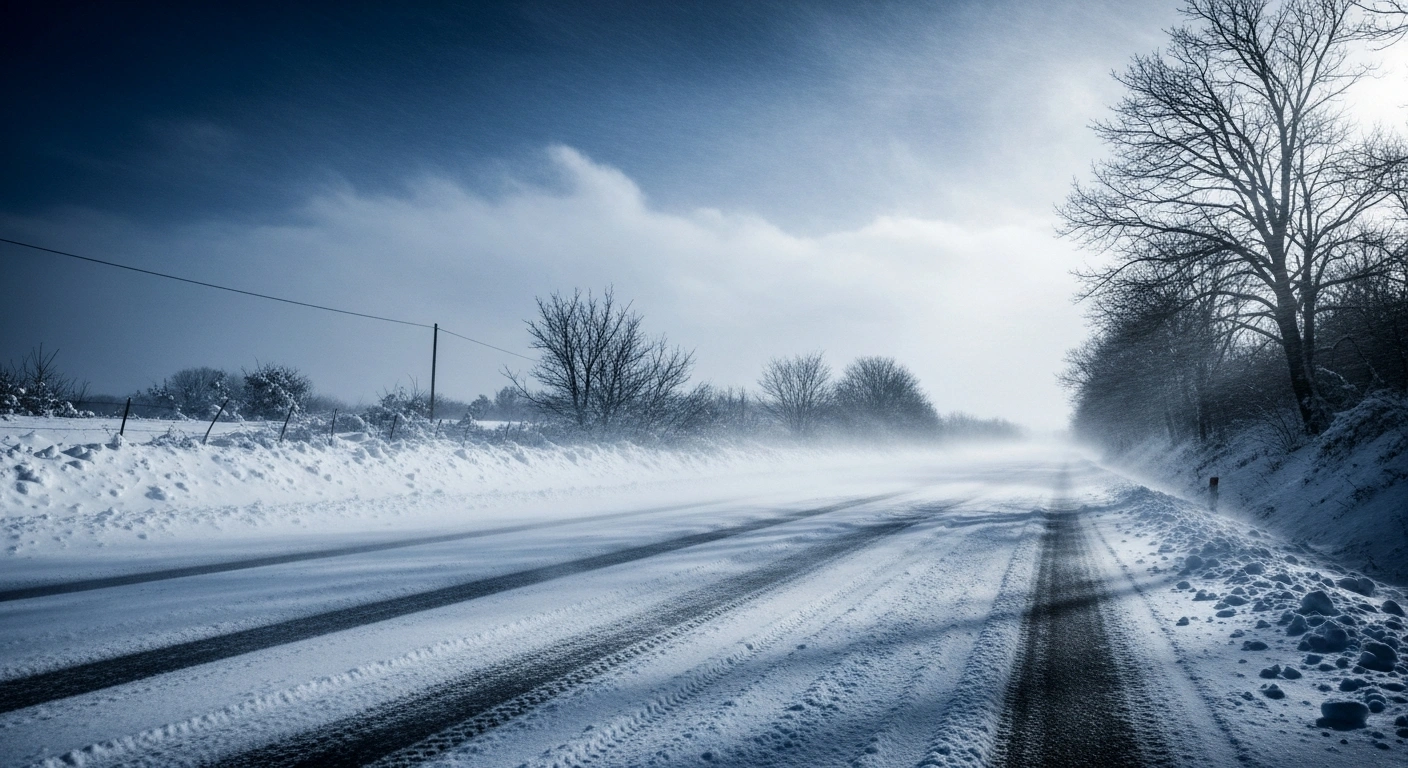 A snow-covered road in southern France experiences heavy snowfall and powerful winds during a severe weather alert.