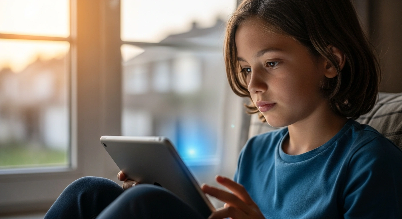 A contemplative child, approximately 12-14 years old, sits by a window bathed in soft golden light, holding a tablet that emits a cool blue glow, symbolizing France's proposed legislation to prohibit social media access for children under 15 to address youth mental health and cyberbullying concerns.