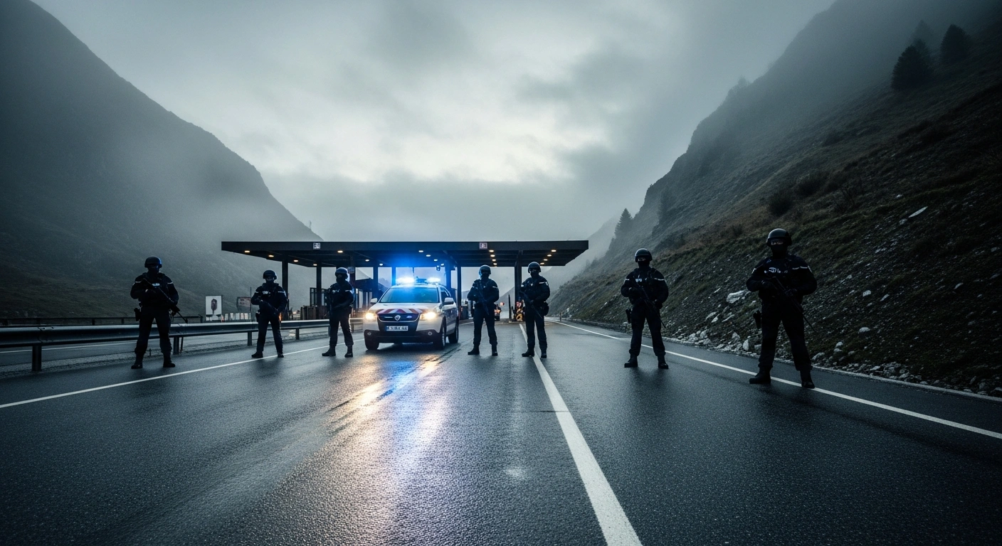 French police and gendarme forces stand guard at a border crossing between France and Spain to monitor migration flows.