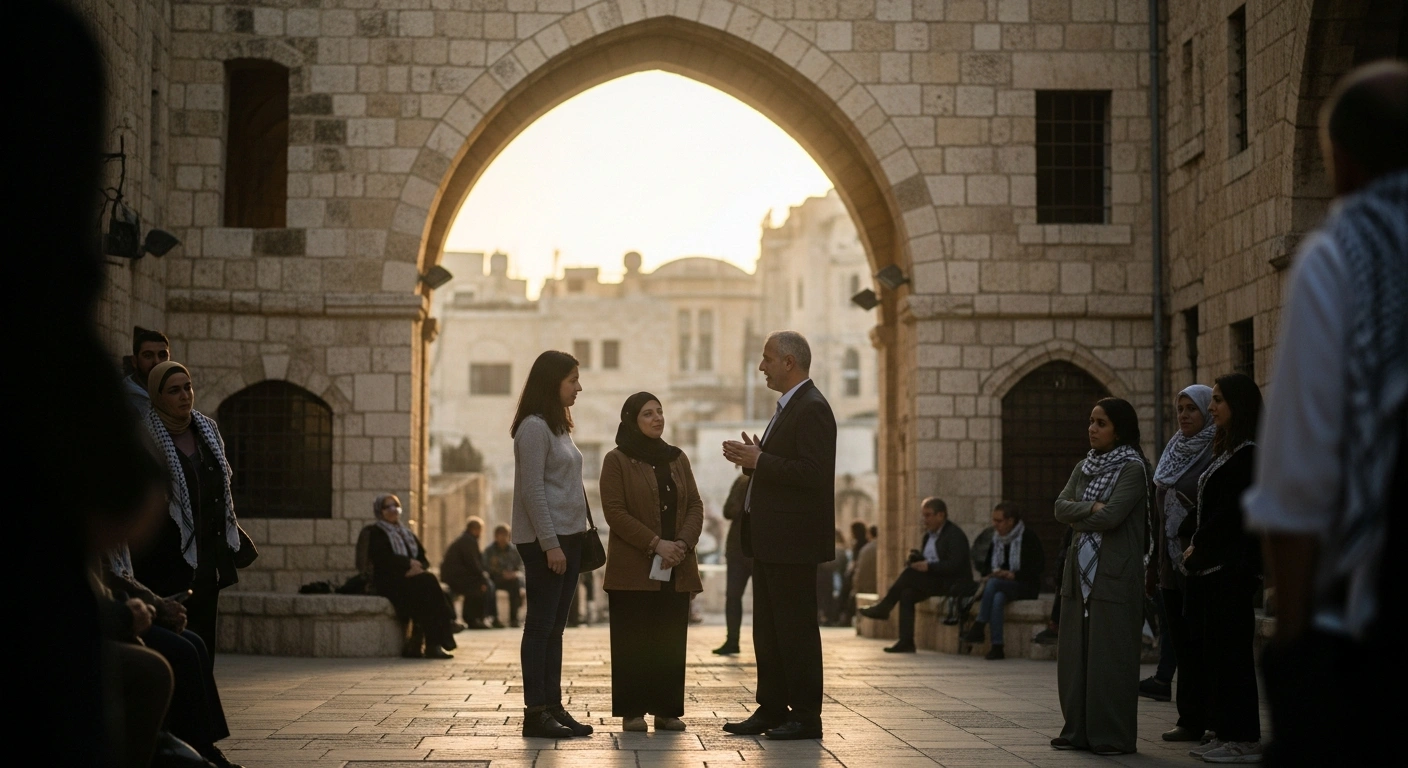 A group of Palestinian citizens stands in a historic courtyard, representing the democratic process supported by France for upcoming elections.