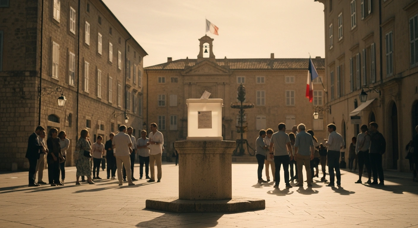 A symbolic scene featuring an empty ballot box in a sunlit plaza representing the upcoming Palestinian Authority elections supported by France.