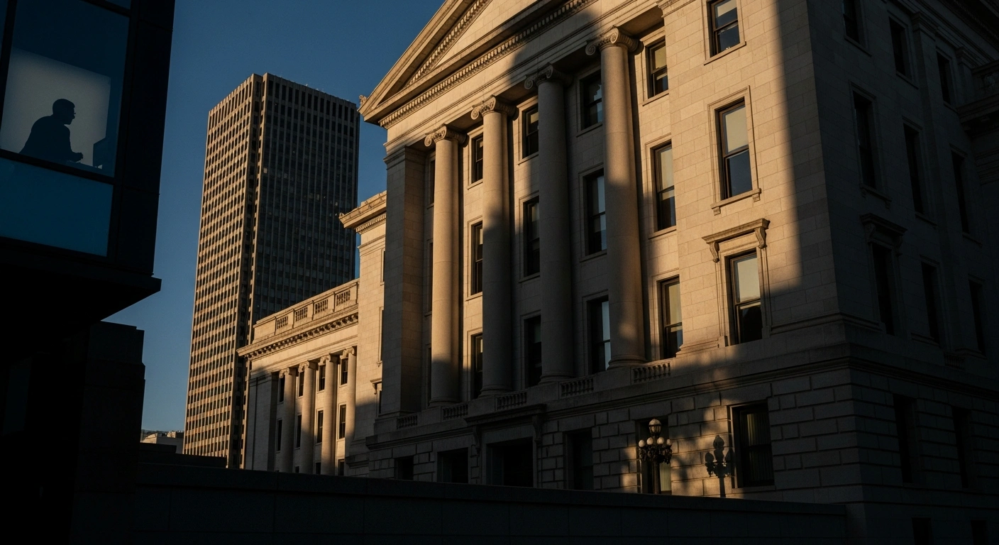 A grand, neoclassical government building casts a long, dramatic shadow over a modern glass corporate skyscraper, symbolizing the impact of France's budget concessions and corporate surtax on large companies and investment.