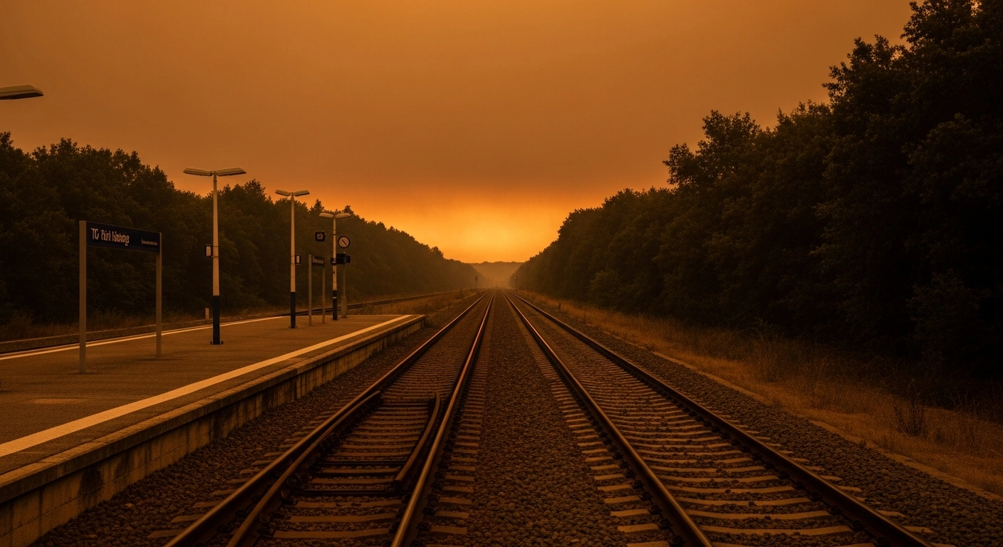 An empty train station platform in southwestern France with suspended TGV services due to the high risk of wildfires in the surrounding forest.