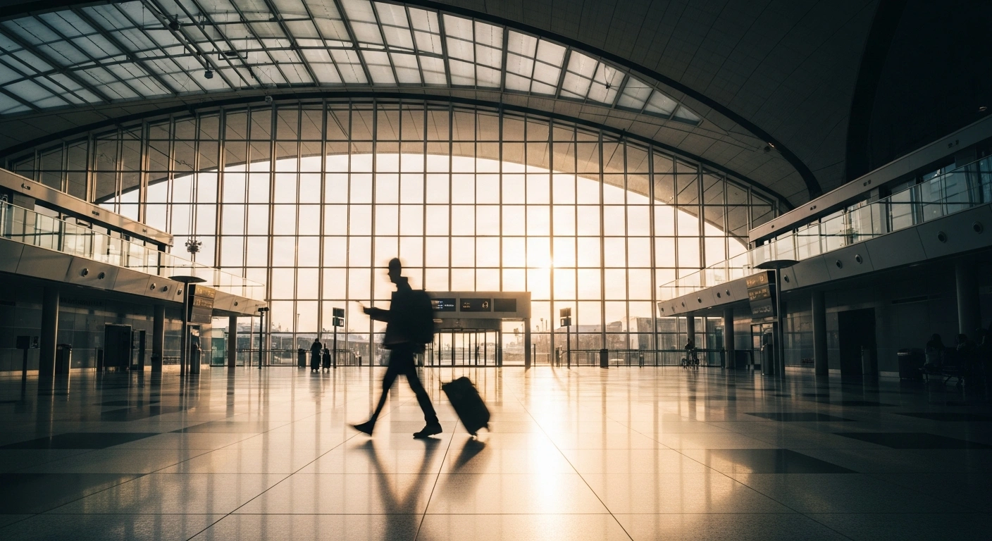 A traveler walks through a modern French airport terminal as part of the new policy allowing Indian citizens to transit without an airport transit visa.