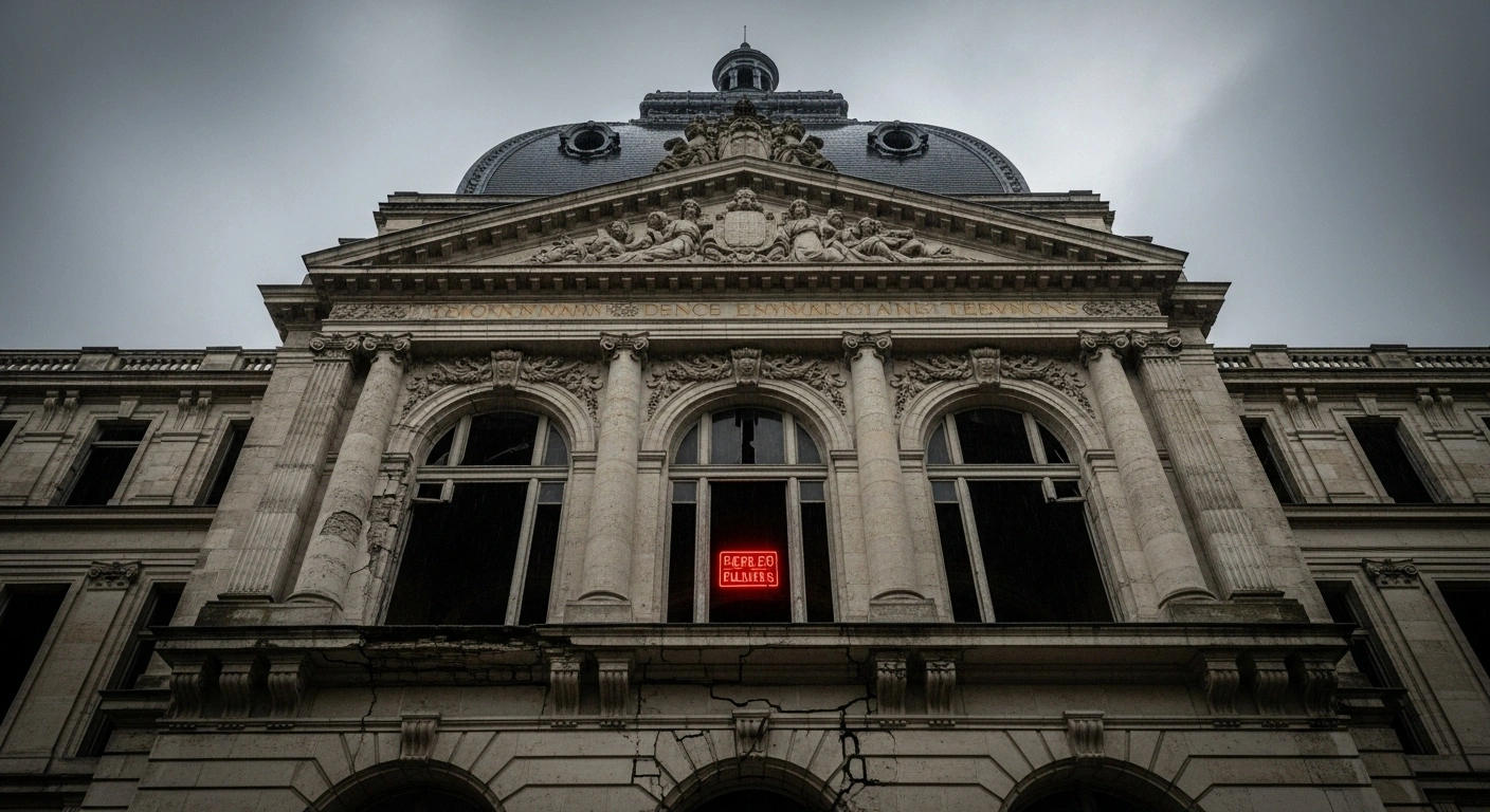 A grand, ornate European public broadcasting building, representing France Télévisions, shows visible decay with crumbling stone and deep cracks, symbolizing its critical financial situation, persistent deficits, and unsustainable economic model, as reported by the French Court of Accounts, necessitating urgent structural reforms.