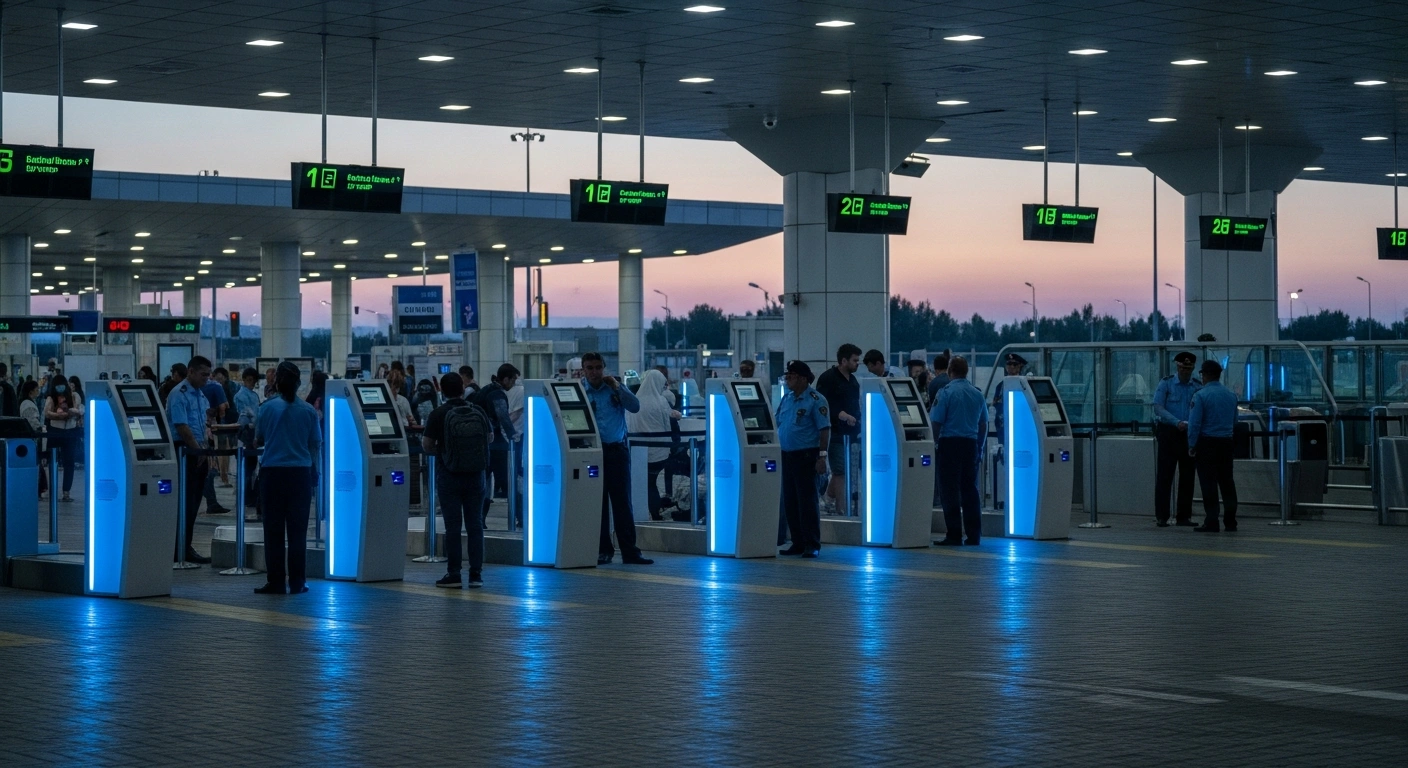 Uniformed officials manage a busy border crossing between France and the UK to prepare for new biometric travel regulations.