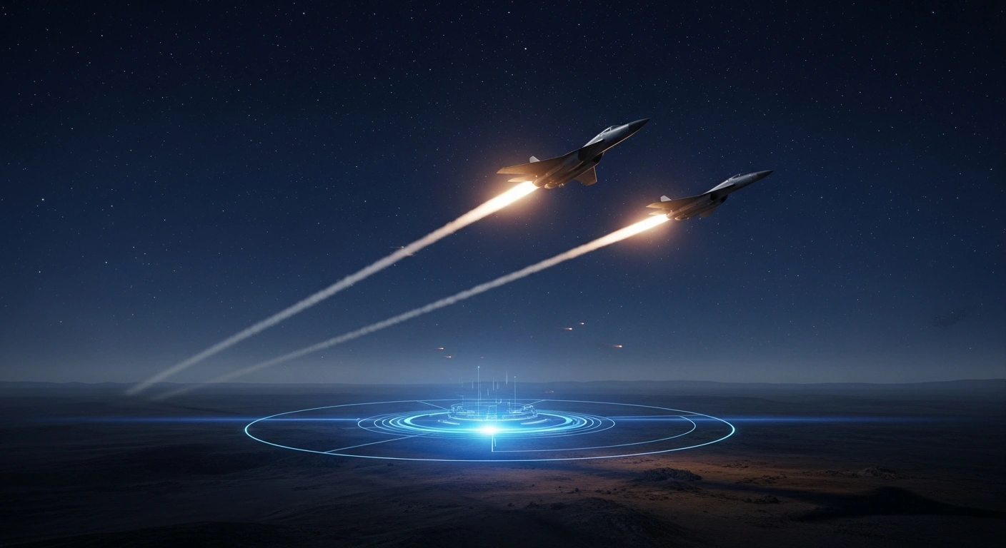 Two jet-powered interceptors from the Franco-Ukrainian 'Safe Protection Dome' anti-drone system launch into a night sky, guided by AI, to counter enemy drones like Russian Shaheds.
