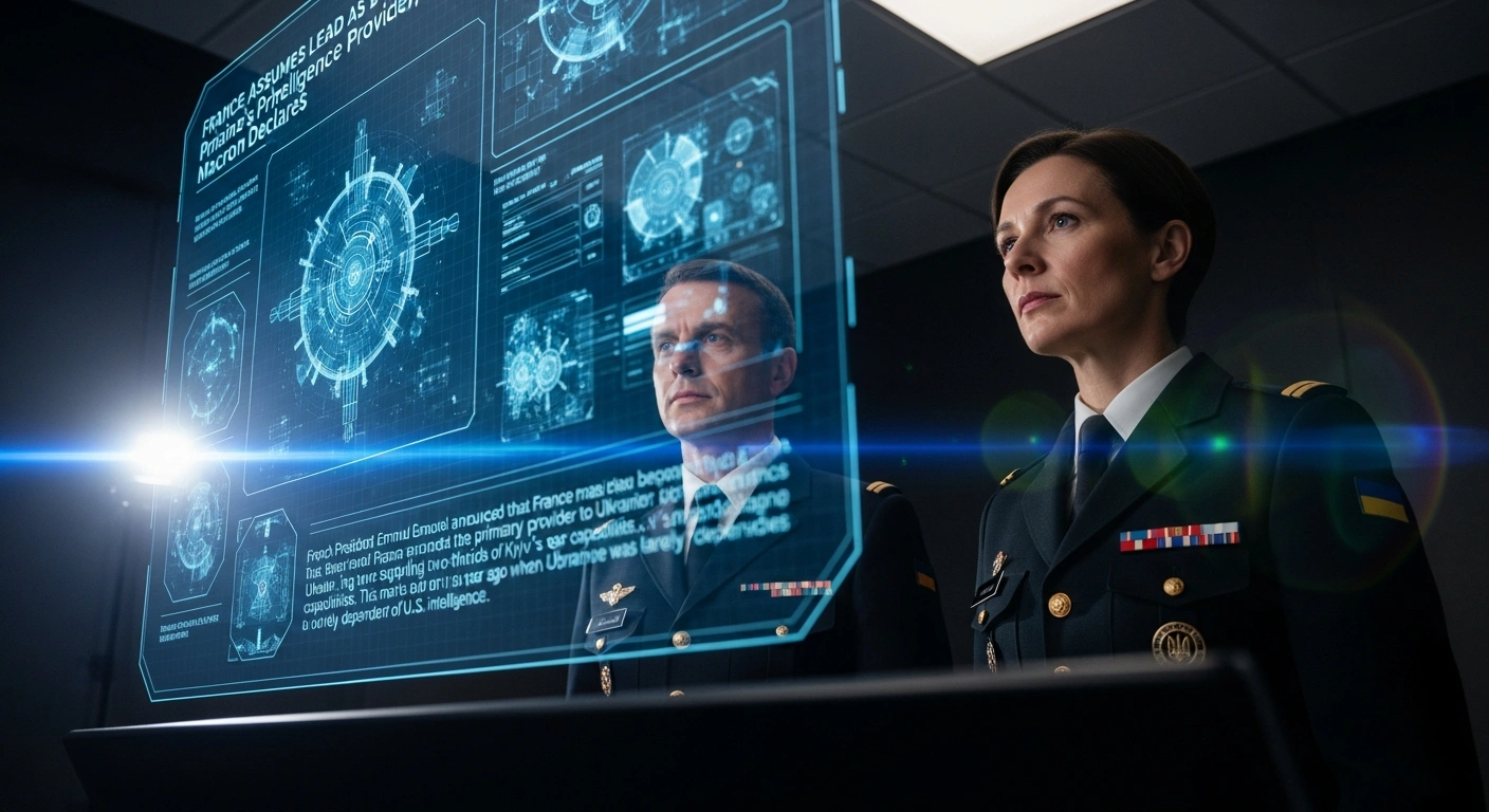 A French intelligence officer and a Ukrainian counterpart are shown in a dimly lit, high-tech command center, illuminated by a holographic display showing reconnaissance data, symbolizing France's role as the primary intelligence provider to Ukraine.