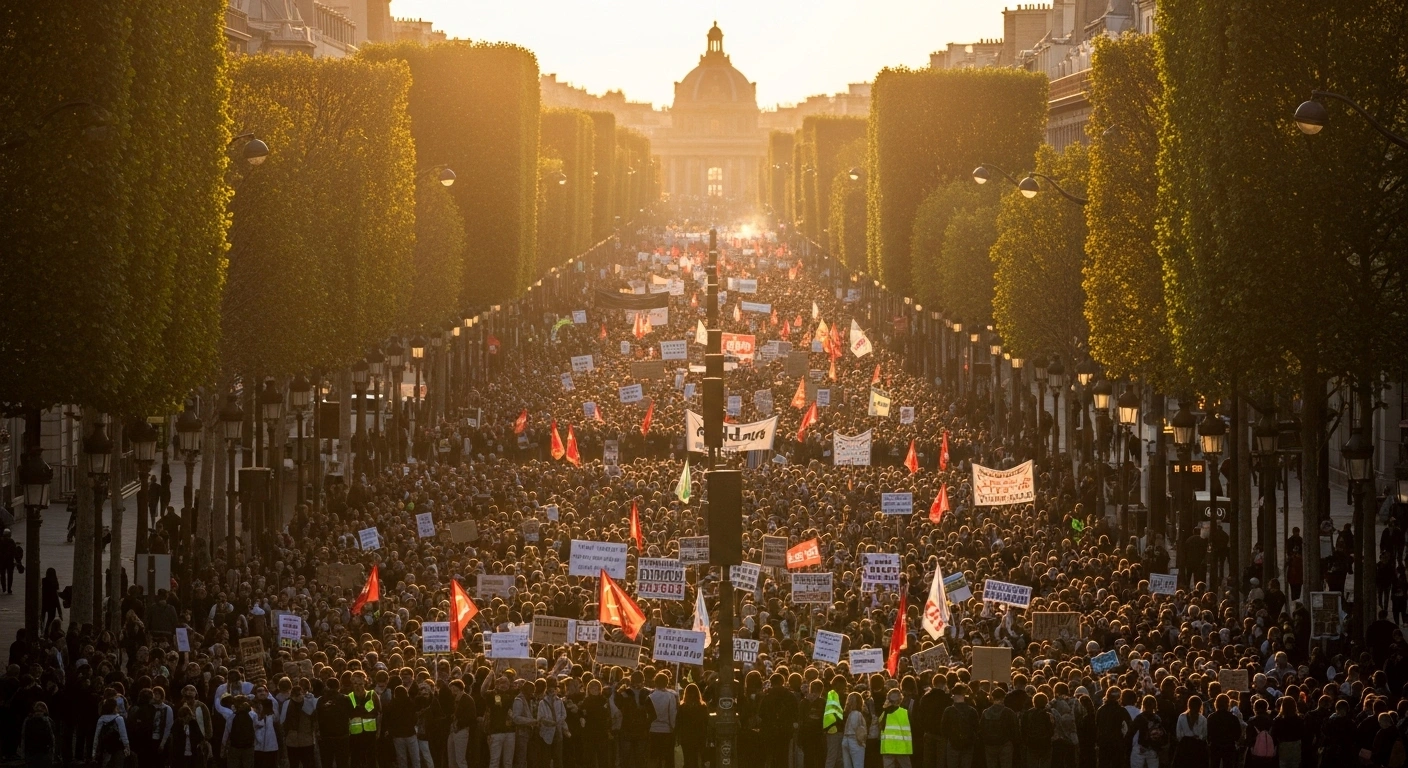 A wide-angle, elevated view shows a massive, organized protest march filling a grand Parisian boulevard at late afternoon, with the golden sun backlighting a diverse crowd of demonstrators. This scene visually represents the nationwide strike initiated by unions across France on October 2, 2025, protesting government austerity measures, including 2026 budget proposals, and demanding better pay and social justice.