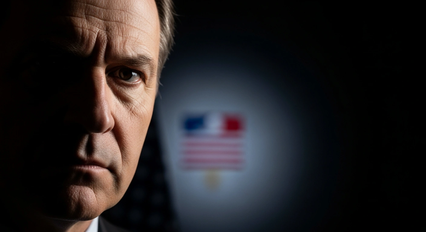 A stern French diplomat, illuminated by dramatic lighting, represents France's protest against the US administration's comments linking the death of far-right activist Quentin Deranque to 'violent radical leftism,' which French Foreign Minister Jean-Noël Barrot called 'unjustified interference.'
