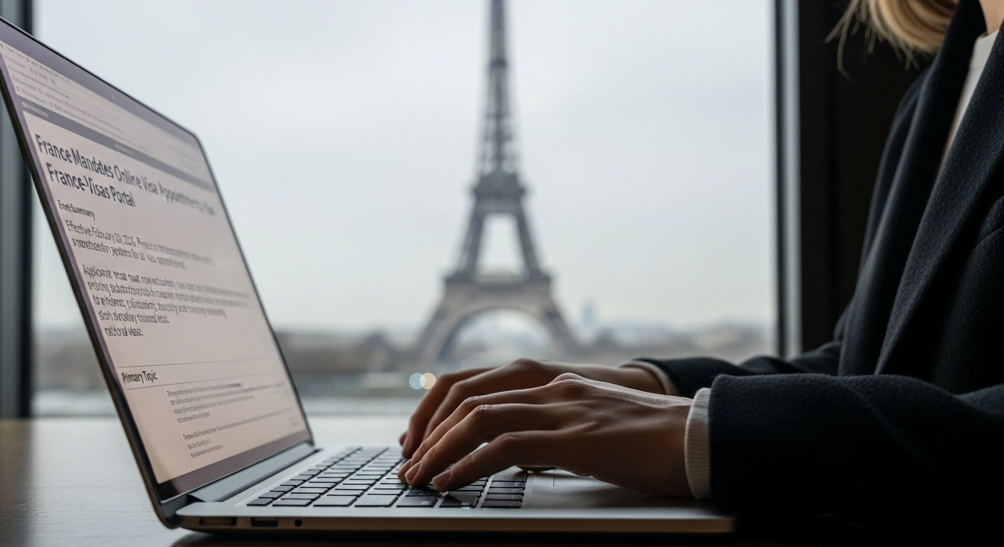 A person's hands are shown typing on a laptop keyboard, with the blurred silhouette of the Eiffel Tower in the background, symbolizing France's new mandatory online system for all visa appointments through the France-Visas portal, enhancing efficiency and security.