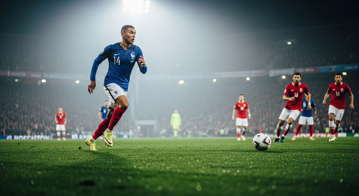 A French national football team player runs with the ball during a competitive 2026 FIFA World Cup match against Norway.