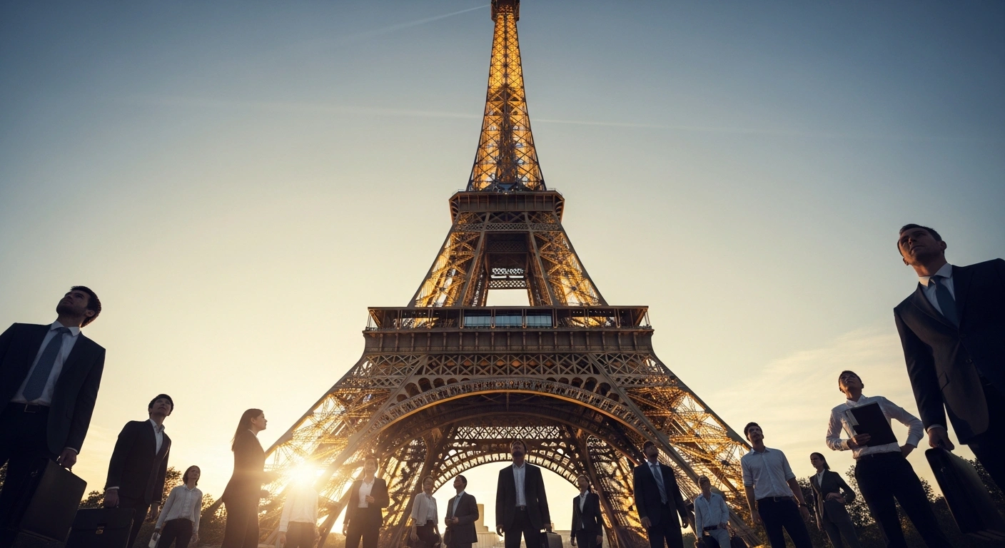 A diverse group of professionals is silhouetted against a hopeful sunrise over the Eiffel Tower, symbolizing France's increased minimum wage and revised salary thresholds for the Talent Passport, including the EU Blue Card and Qualified Employee categories, aimed at attracting global talent.
