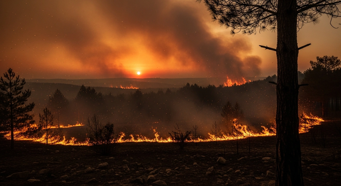 A massive wildfire burns through a dry forest in France, illustrating the impact of climate change on extreme fire conditions.