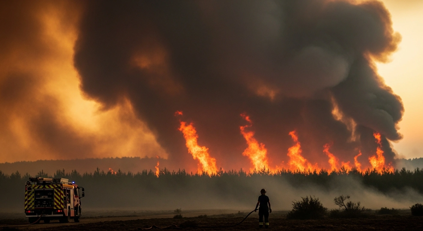 Emergency firefighters work to contain a massive wildfire spreading through a dry forest in France during a period of extreme heat.