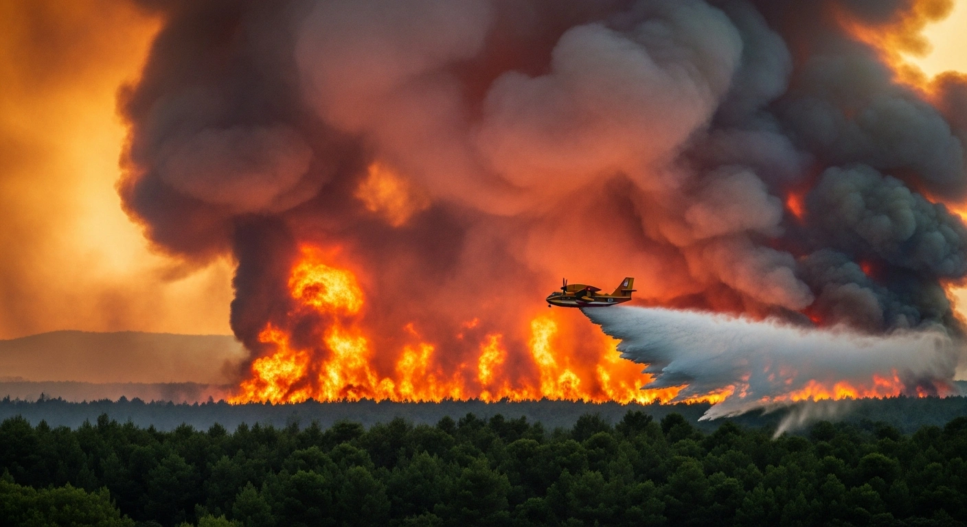 A firefighting aircraft drops water on a large wildfire in France as smoke rises from the forest during an international emergency response.