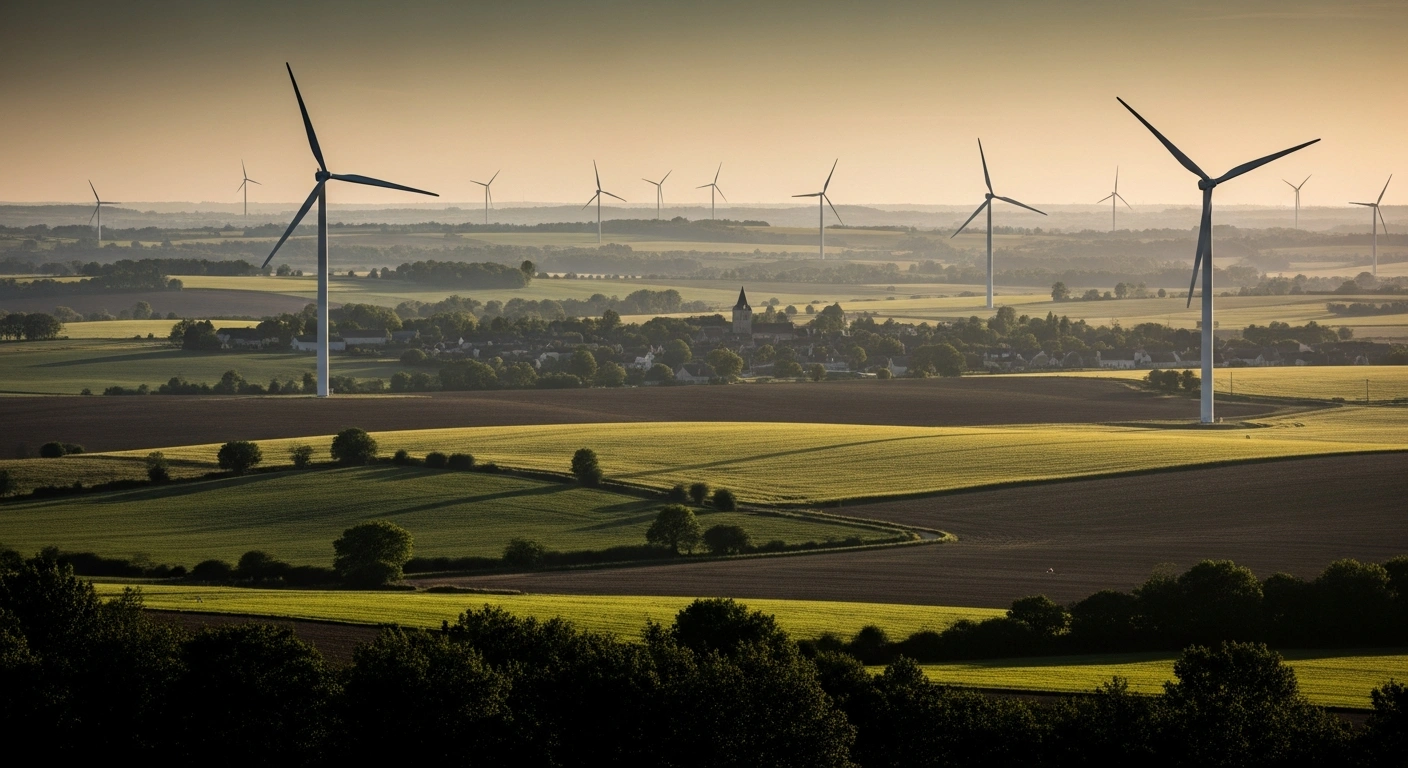 Large wind turbines tower over a scenic French landscape, highlighting the ongoing debate regarding their impact on the environment and national defense radar systems.