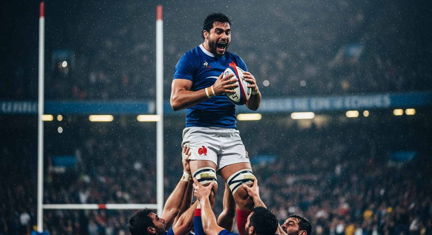 A French rugby player celebrates a dramatic victory against England after winning the Six Nations title in a high-scoring match in Paris.
