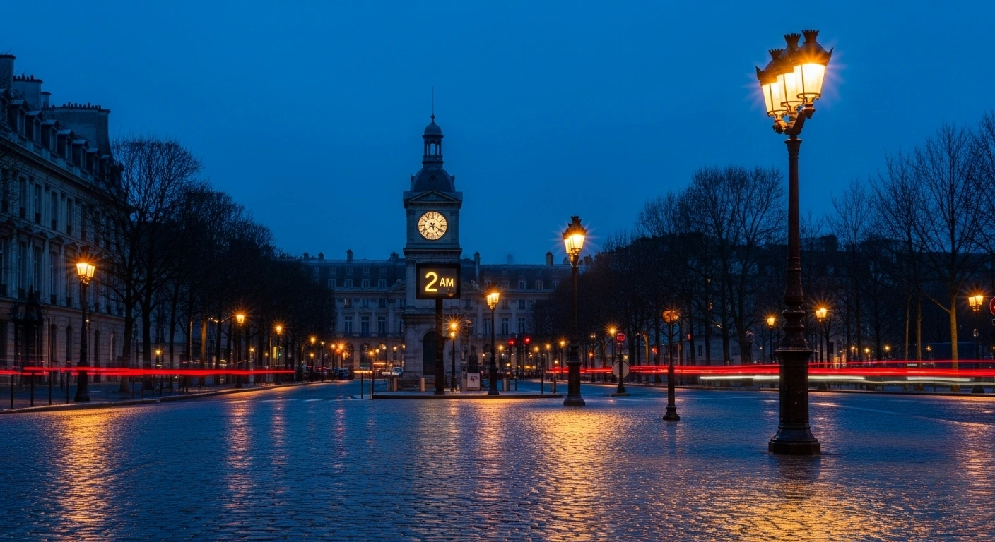 A quiet, cobblestone Parisian street at pre-dawn, illuminated by streetlights, with a clock tower subtly showing 2 AM, symbolizing France's switch to winter time and the extra hour of sleep before earlier sunrises.