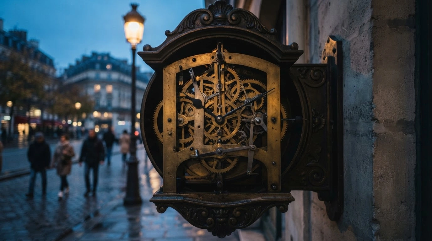A close-up of a vintage clock face in France during the transition to winter time as the country ends daylight saving time.