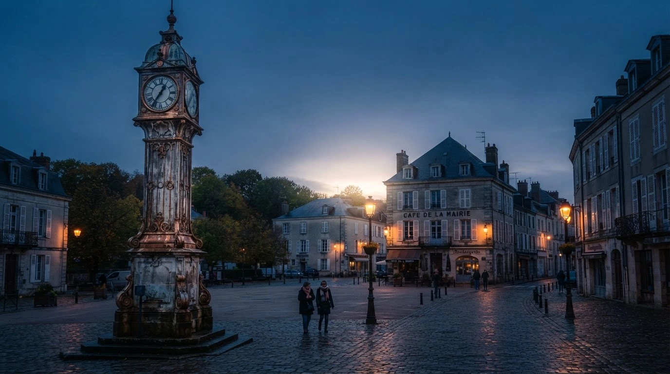 An ornate clock tower in a French town square stands under a twilight sky as France transitions to winter time.