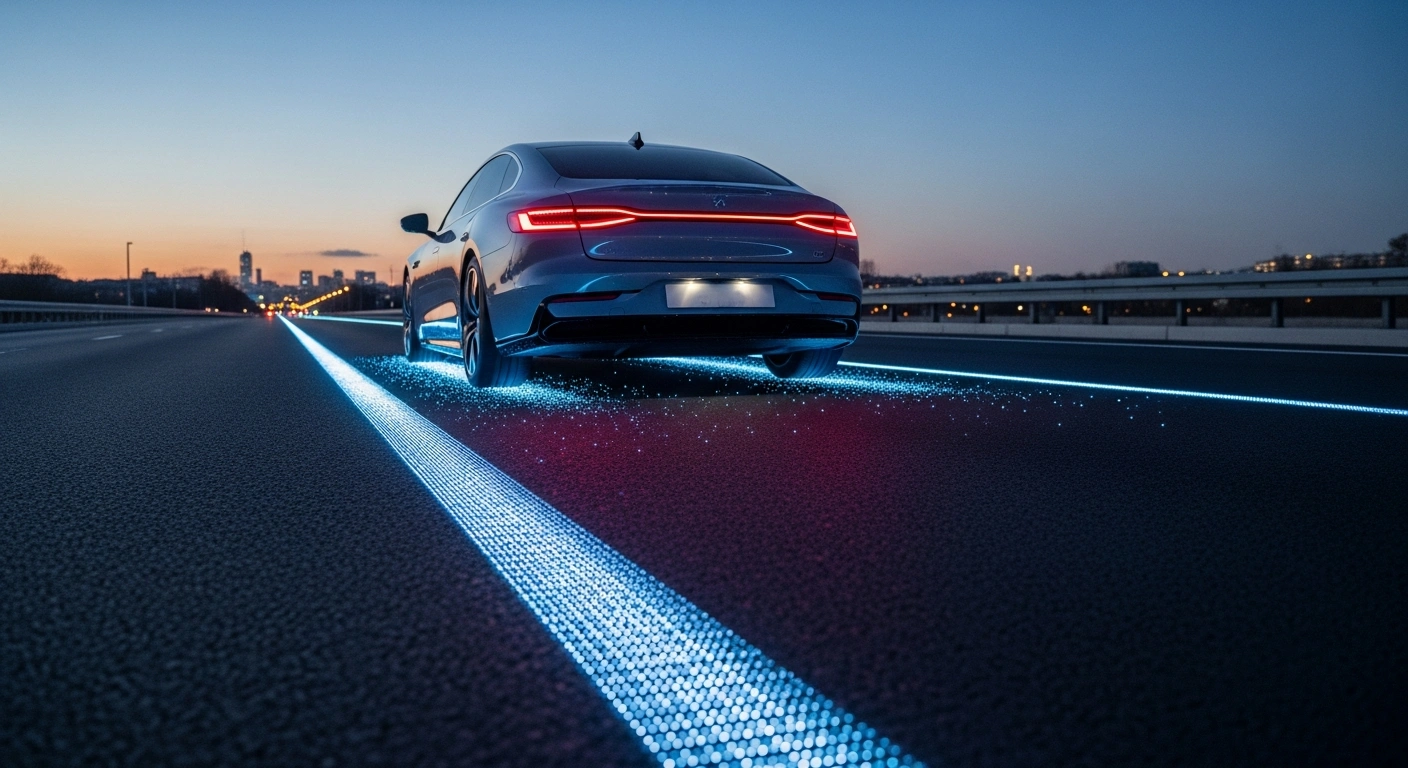 A sleek electric vehicle drives on a section of the A10 motorway near Paris, France, where the road emits a subtle blue glow indicating wireless charging in motion, showcasing the world's first 1.5-kilometer 'Charge as you Drive' highway project by Electreon and VINCI Autoroutes, capable of delivering up to 300 kW.